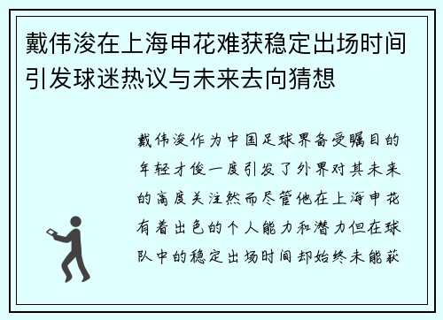 戴伟浚在上海申花难获稳定出场时间引发球迷热议与未来去向猜想