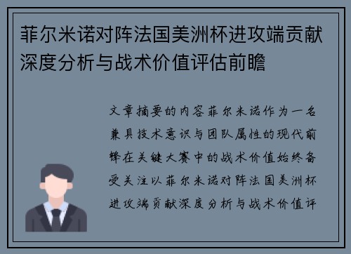 菲尔米诺对阵法国美洲杯进攻端贡献深度分析与战术价值评估前瞻